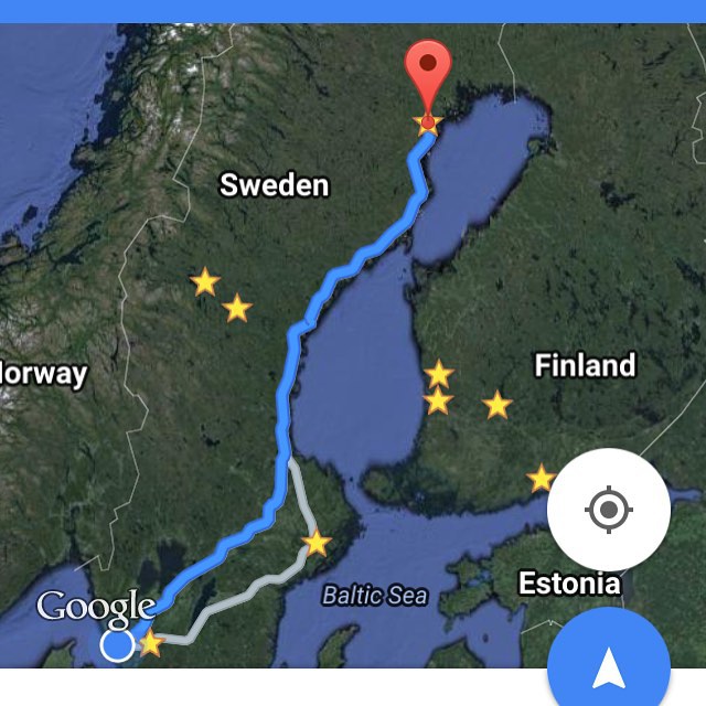 Google Maps screenshot showing a navigation route through Sweden to a pin near the coast, with star markers across Sweden, Finland, and Estonia.