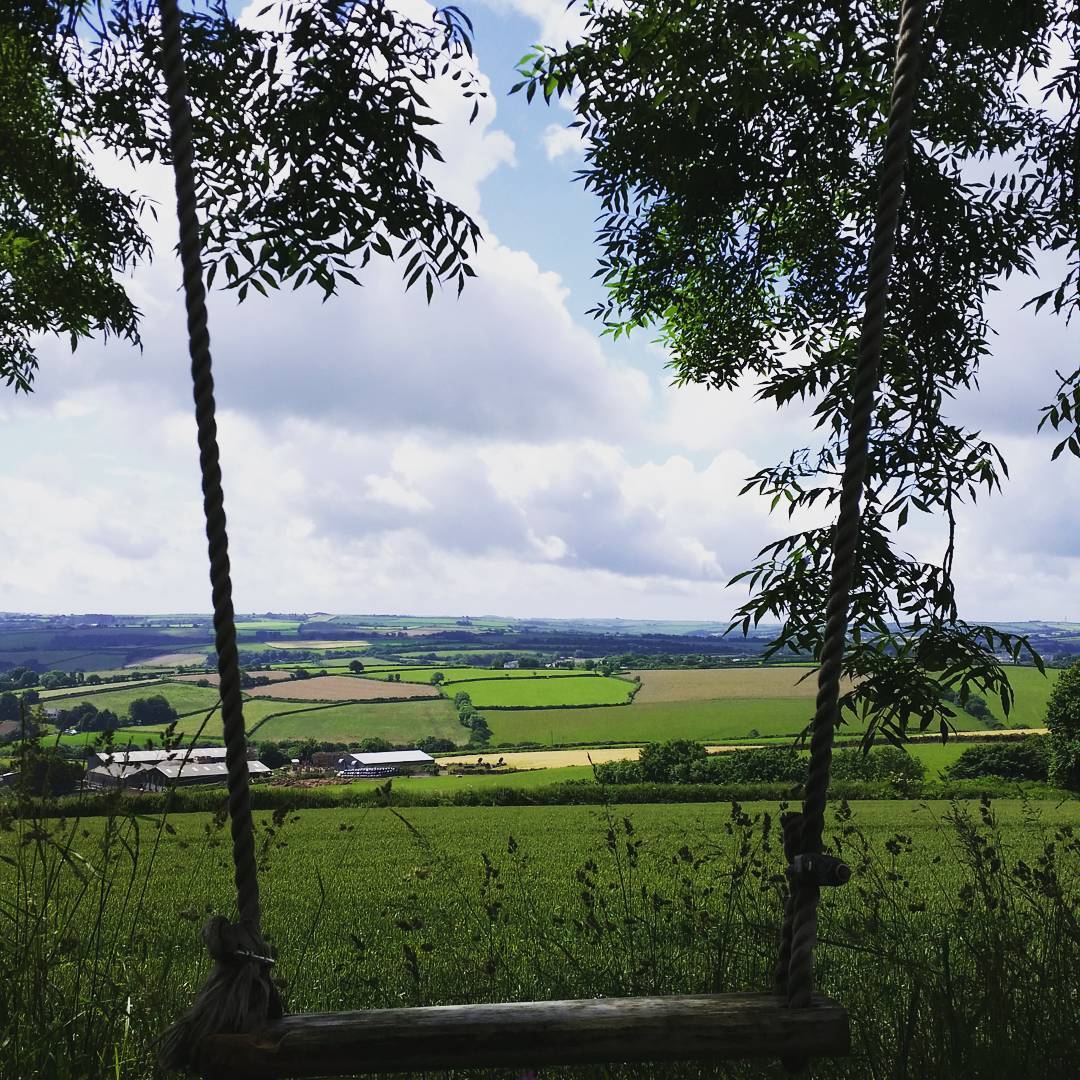 Wooden rope swing hanging between trees overlooking a patchwork of green farm fields under a partly cloudy sky.
