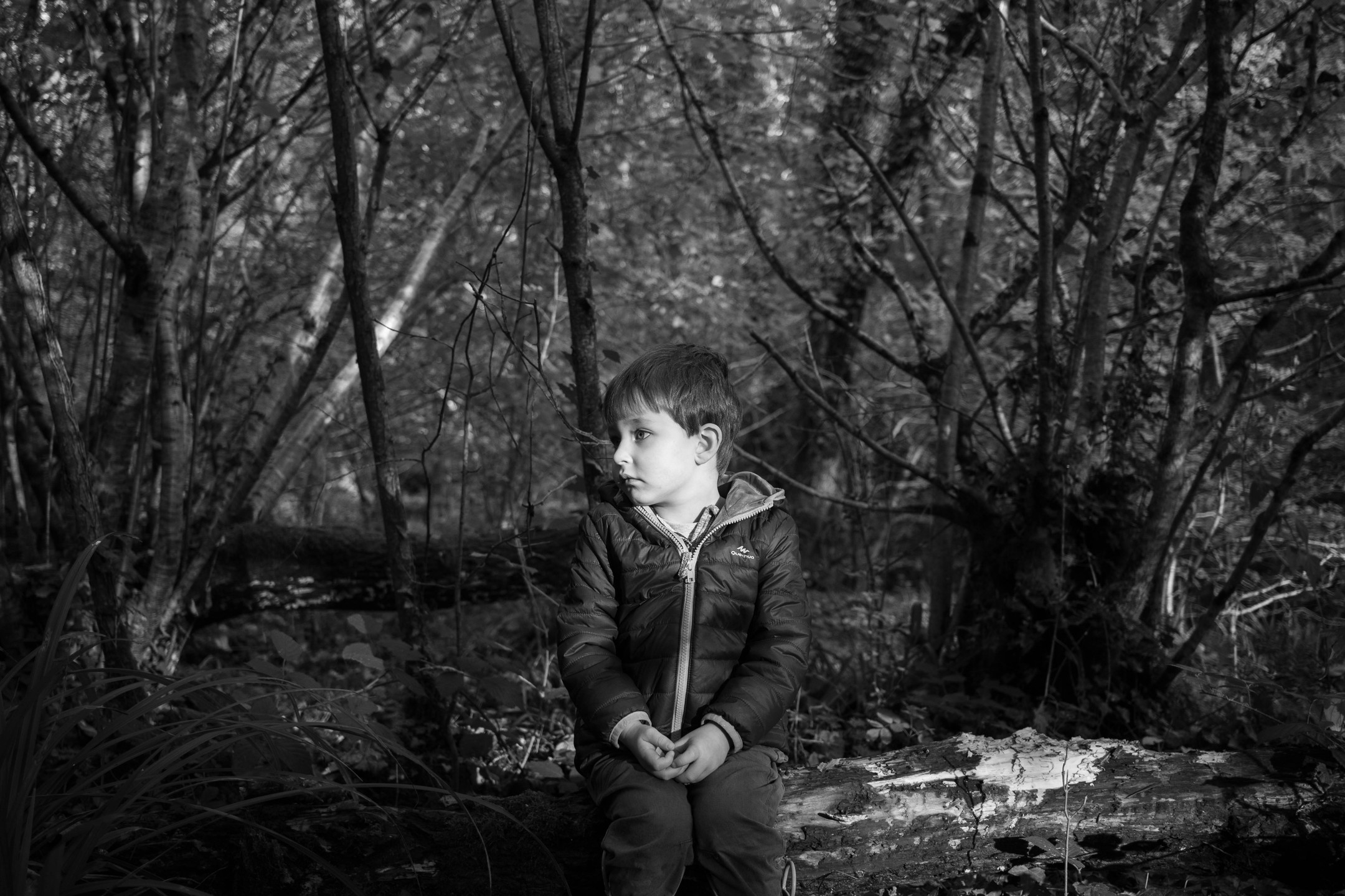 Black-and-white photo of a young boy in a puffer jacket sitting on a fallen log in a wooded area, looking to the side.