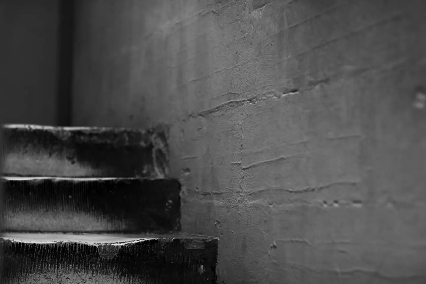 Black-and-white close-up of concrete steps beside a textured plaster wall, with a visible horizontal seam line.