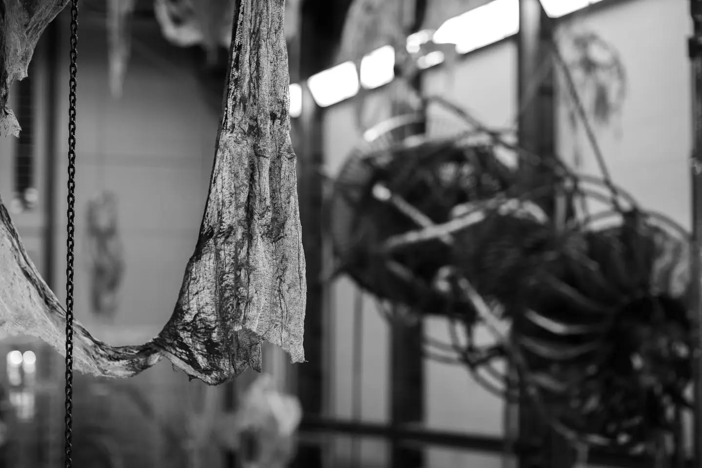 Black-and-white photo of draped, textured fabric hanging beside a metal chain, with blurred wire and mesh structures in the background.