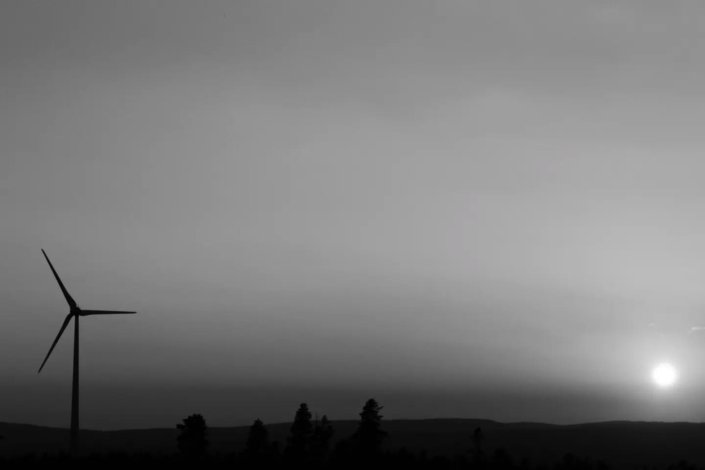 Black and white photo of a wind turbine silhouette beside treeline and hills, with the sun low on the horizon at right.