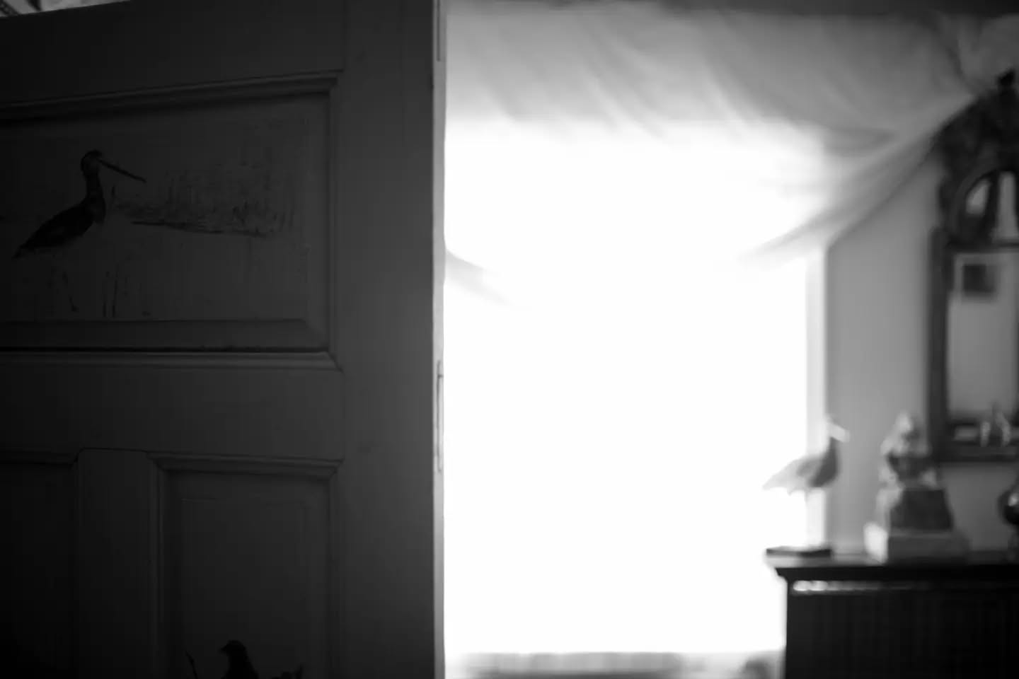 Black-and-white photo of a paneled door ajar beside a bright overexposed window with billowing curtain, a bird figurine on fu