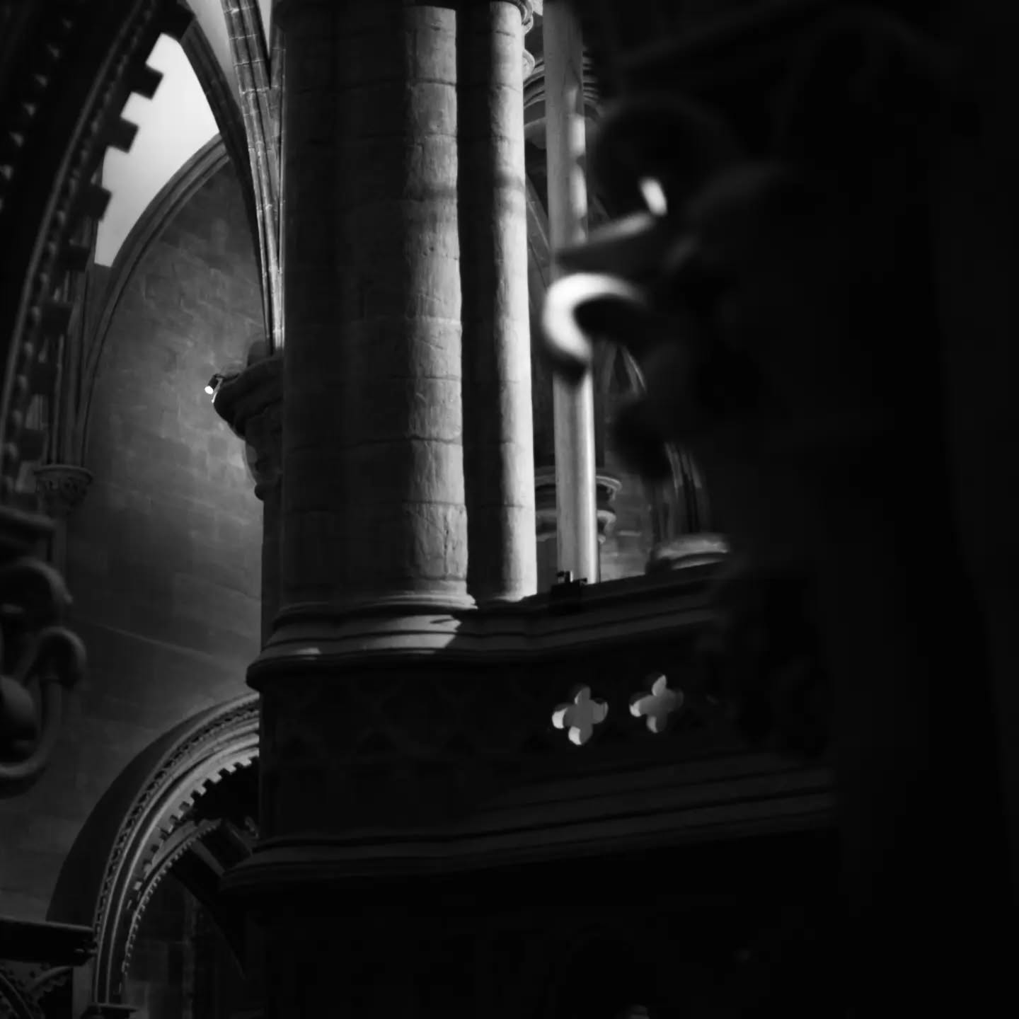 Black-and-white photo of Gothic cathedral columns and arches, with a blurred dark shape in the foreground.