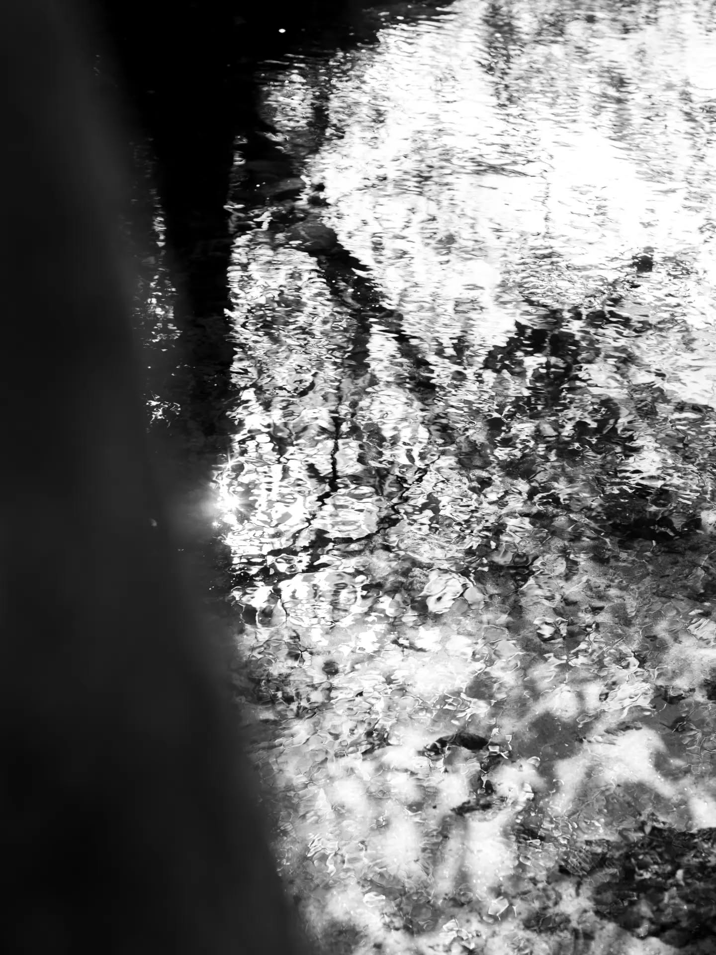 Black and white photo of rippling water with light and shadow patterns, a dark shape along the left edge.