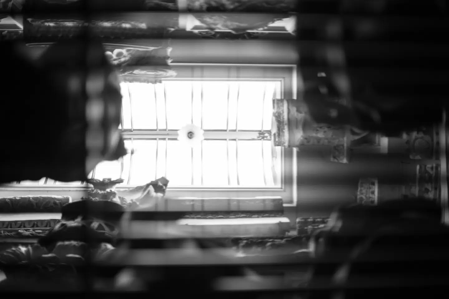 Black and white photo of a bright window with ornate frame, viewed through dark blurred foreground objects.