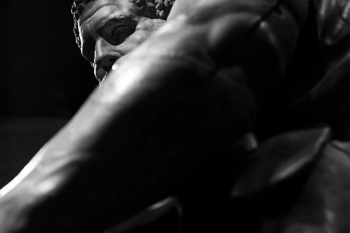 Black and white close-up of a classical marble statue's head, partly obscured by a blurred human arm in the foreground.