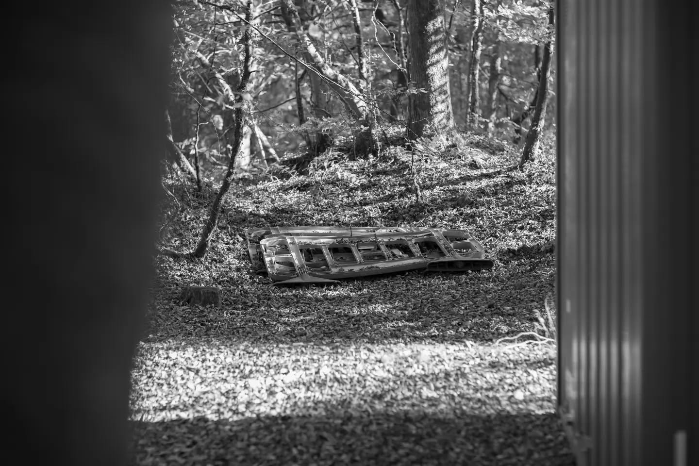 Black-and-white photo of an abandoned boat lying in leaf-covered woodland, viewed through a dark framed opening.