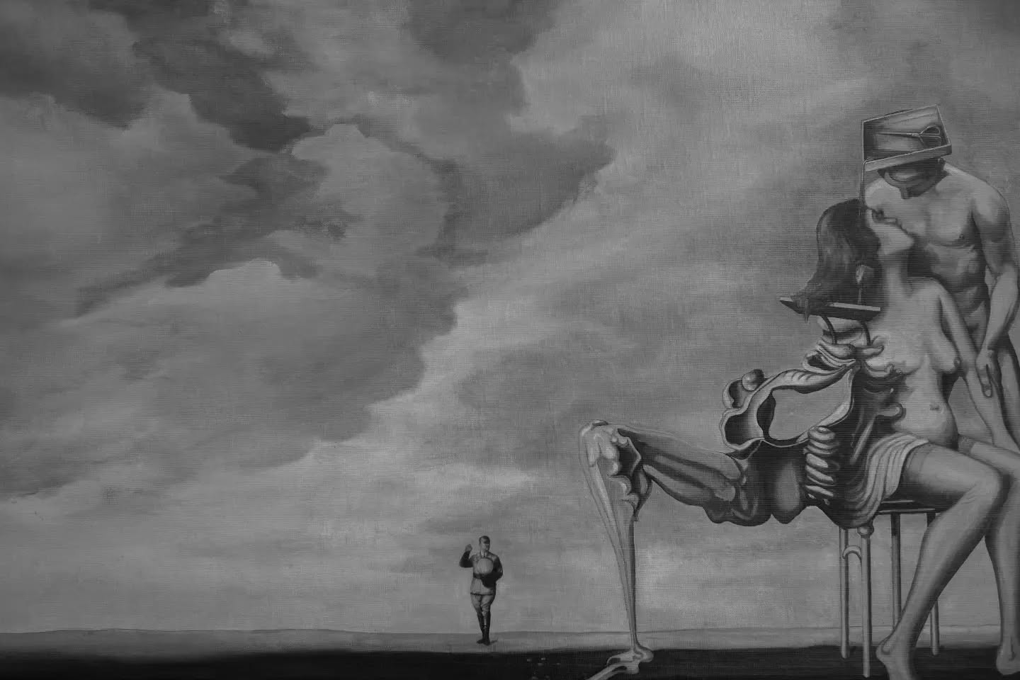 Grayscale surreal painting: a distant saluting soldier under vast clouds, beside skeletal spider-like legs supporting an embracing nude couple, one figure with a boxed head.